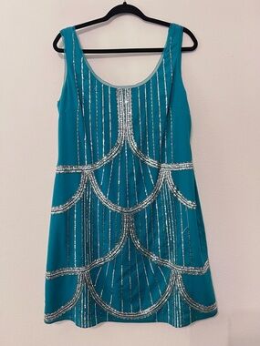 ANTONIO MELANI Teal Sequin-Embellished Cocktail shift dress size 12 Gatsby